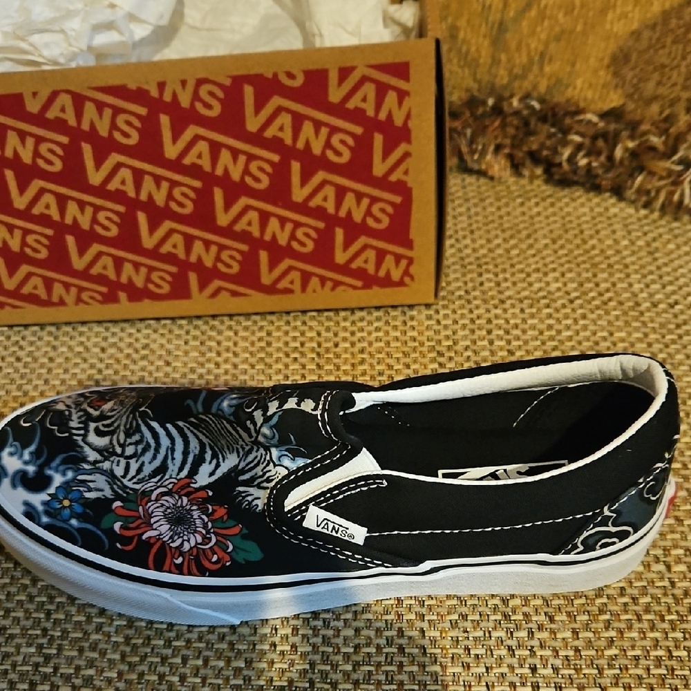 Vans Black Slip-On with Tiger and Floral Art